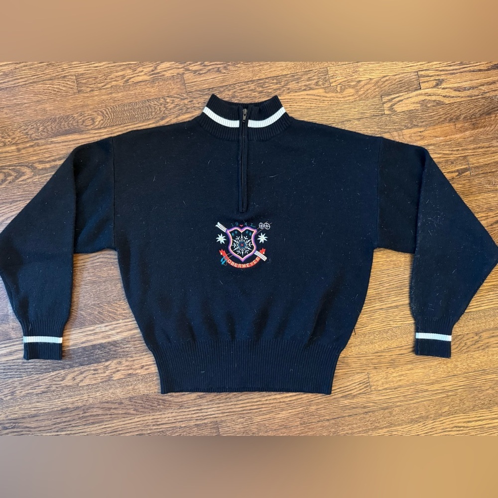 Obermeyer Vintage Ski 80’s Black Sweater with Embroidered Crest Logo Size Small